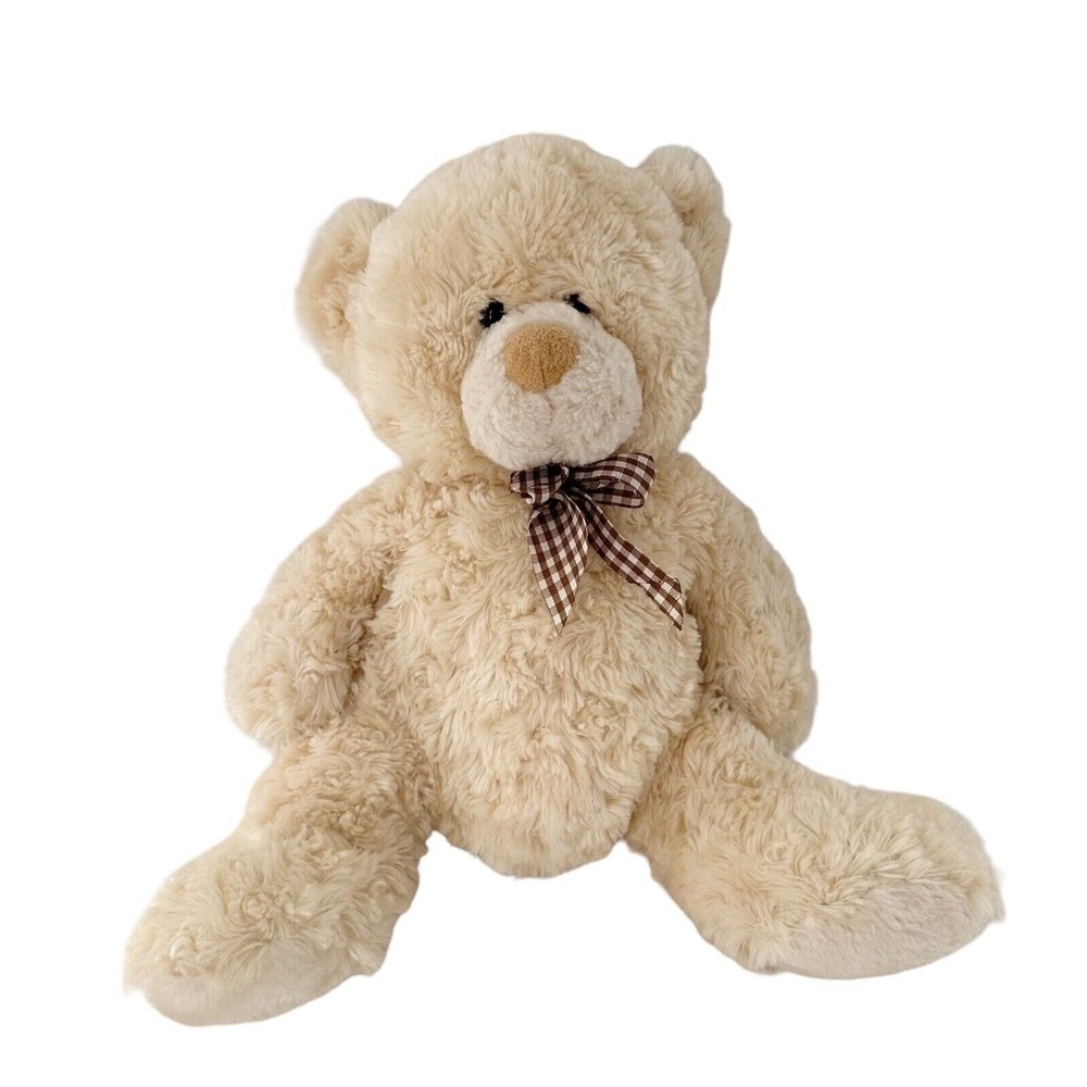 Vintage Dan Dee Plush Beige Teddy Bear‎ Cream Brown Gingham Bow Plaid Valentine